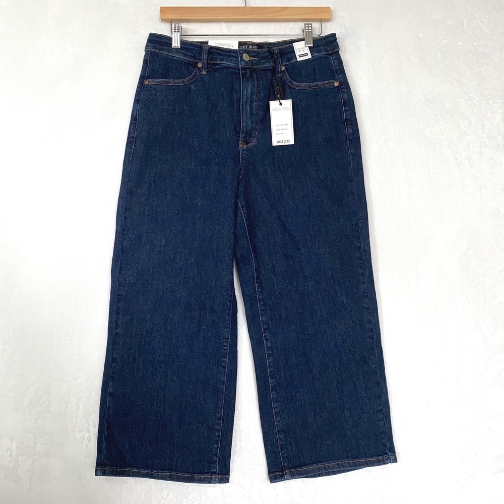 Judy Blue High Waist Wide‎ Leg Crop Jeans Dark Wash Denim Size 13 31